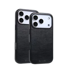Magnetic Leather Texture MagSafe Phone Case with Alloy Lens Bumper Armor Cover - iPhone 15 (Black)