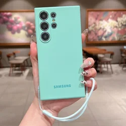 Original Liquid Silicone Wrist Strap Case with Enhanced Lens Protection and Thickened Cover for Samsung Galaxy S23 Ultra (Cyan)