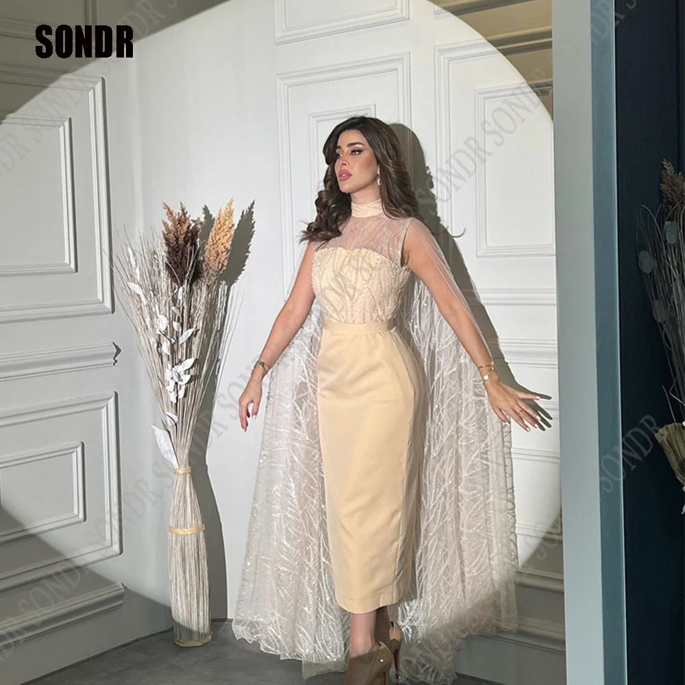 

SONDR Classy Short Satin Short Custom Prom Dresses Shiny Cape High Neck Evening Gowns Wedding Saudi Arabia Party Gowns Dress