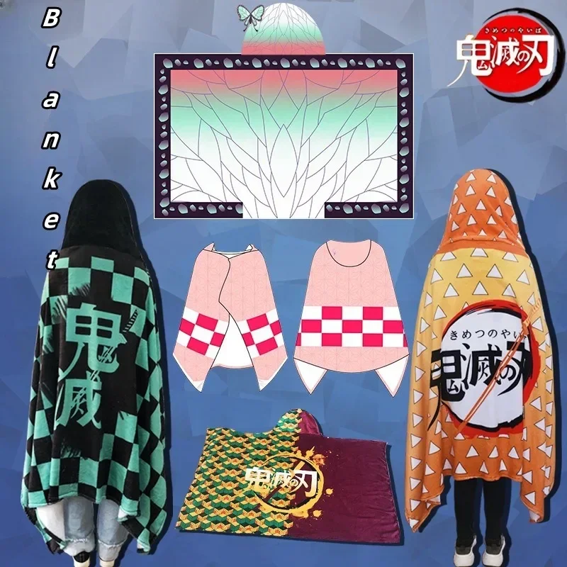 Demon Slayer Hoodie Throw Comfortable Wearable Tanjirou No Yaiba Plaid Blanket Soft Wrap Nap Quilt Adult Bathrobe Anime Pajamas 3