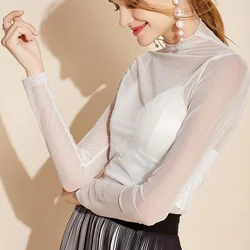 Half-high Collar Mesh Bottom Blouse Women Autumn Long-sleeved Sand t Tight-fitting Inner Layer Gauze Coat Tulle White