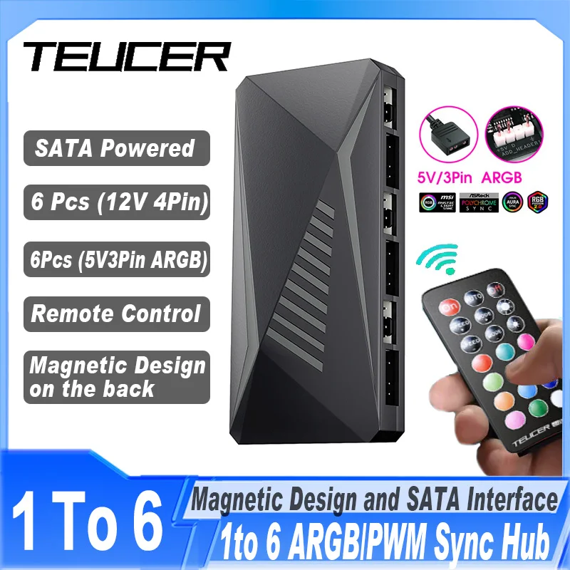 Teucer-controle Remoto Inteligente para Computador Regulador Case pc em Fan Hub Controlador de Velocidade Pwm 3pin 5v Ventilador Argb