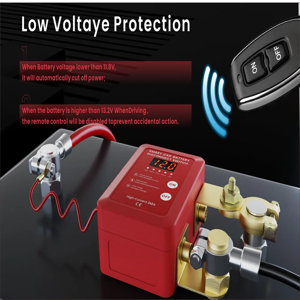 Newest 240A Kill Switch 12V Remote Battery Disconnect Switch with Led Voltage Display Automatic Power Shut Off Switch for Auto