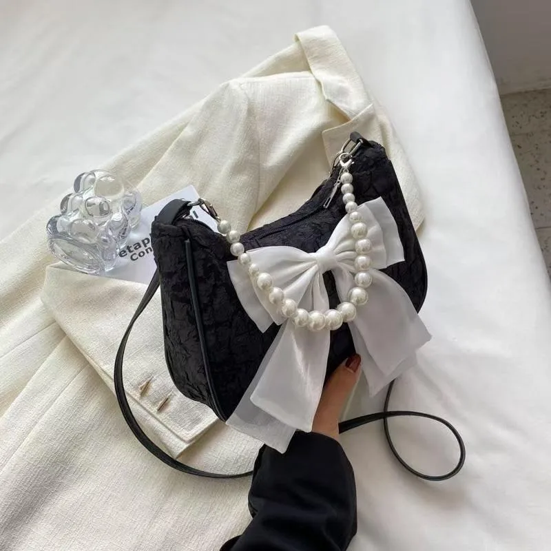 New Cute Pearl Female Bag Retro Luxury Designer Handbag Bow Crossbody Bags Fashion Y2K Vintage Women's Shoulder Bag Purses