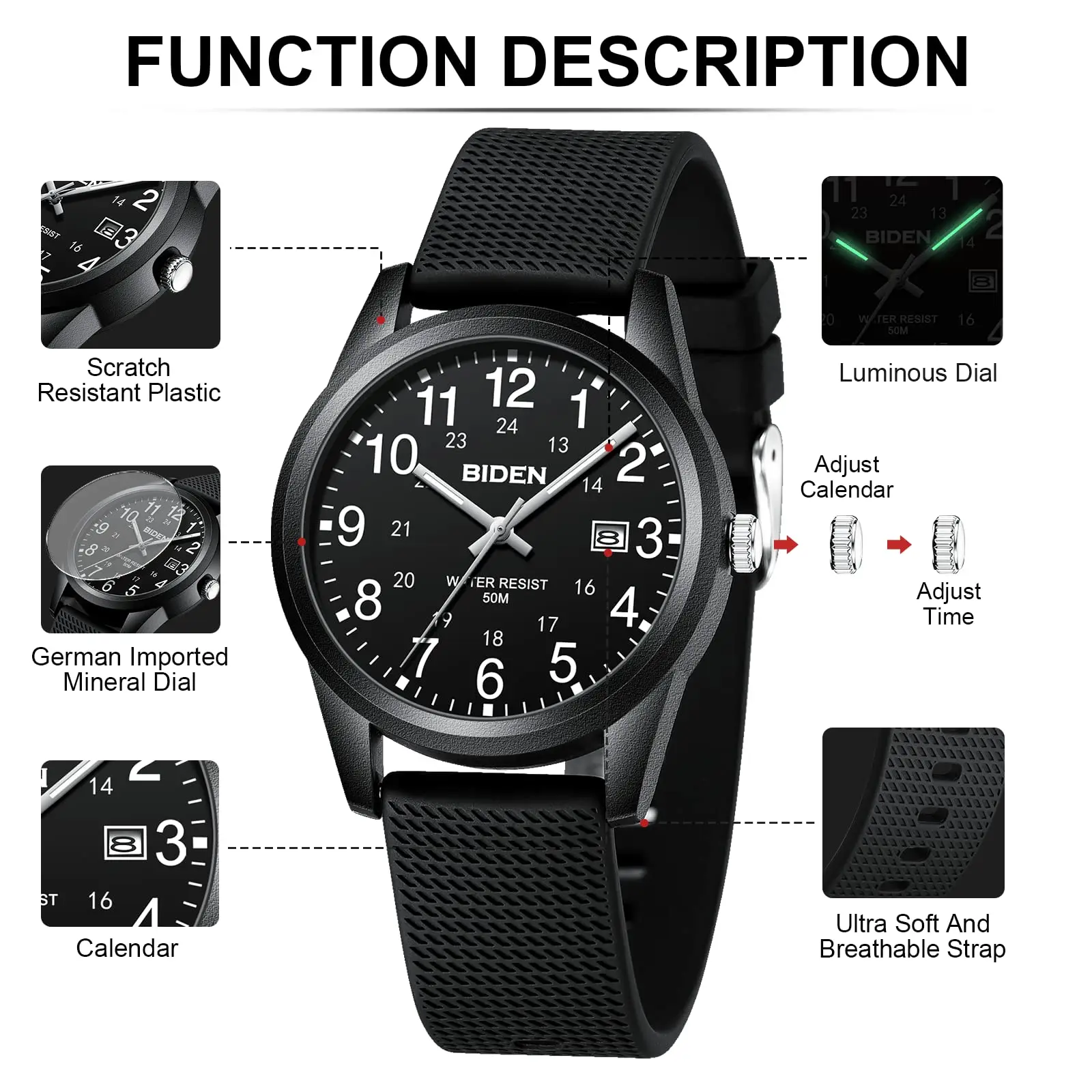 BIDEN Simple Casual Men's Quartz Watch Digital Edition Waterproof Calendar Luminous Silicone Strap Comes with Watch Box 5