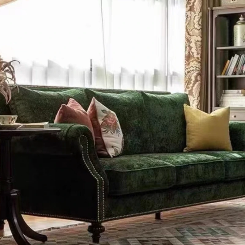 

Fabric retro three-person dark green sofa small French living room combination high-end furniture