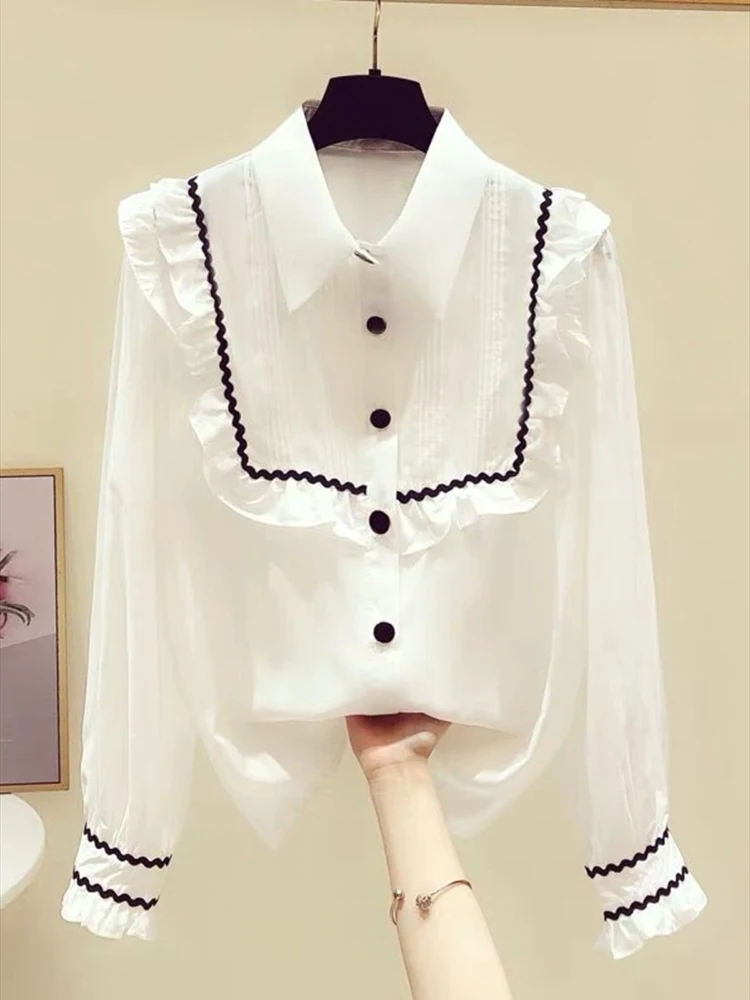 

Женская однобортная офисная блузка, свободная Однотонная рубашка с длинным рукавом и соединением, одежда для весны и лета