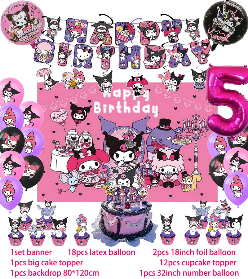 Decoración para fiesta de cumpleaños con temática de Sanrio, Hello Kitty, Kuromi, Cinnamoroll, globos, pancarta, vajilla, suministros para fiesta, baby shower