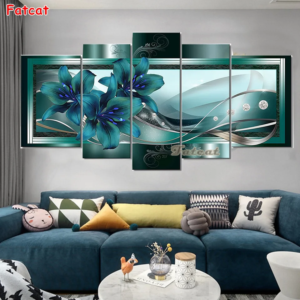 

5 Panel Blue-Green Lilies Diamond Painting Newly Arrived Full Diamond Mosaic Diy 5D Embroidery Flower Picture Home Decor PP4456