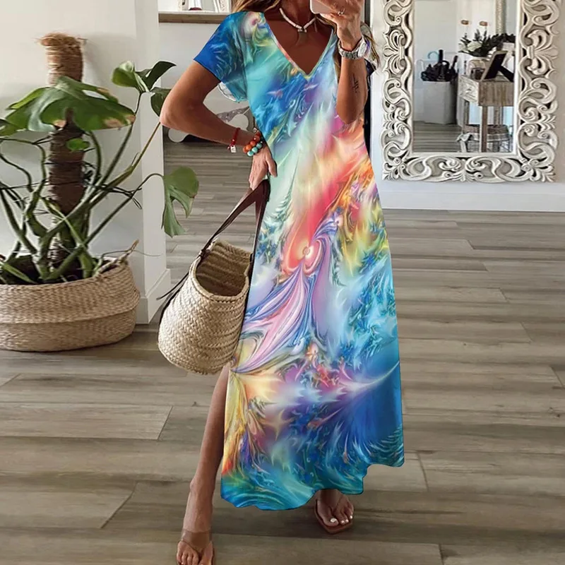 

Summer Women's Printed Short Sleeve Long Dress Bohemian Split Dress Elegant Women's V-neck Stripe Loose Fitting Dresses Vestidos