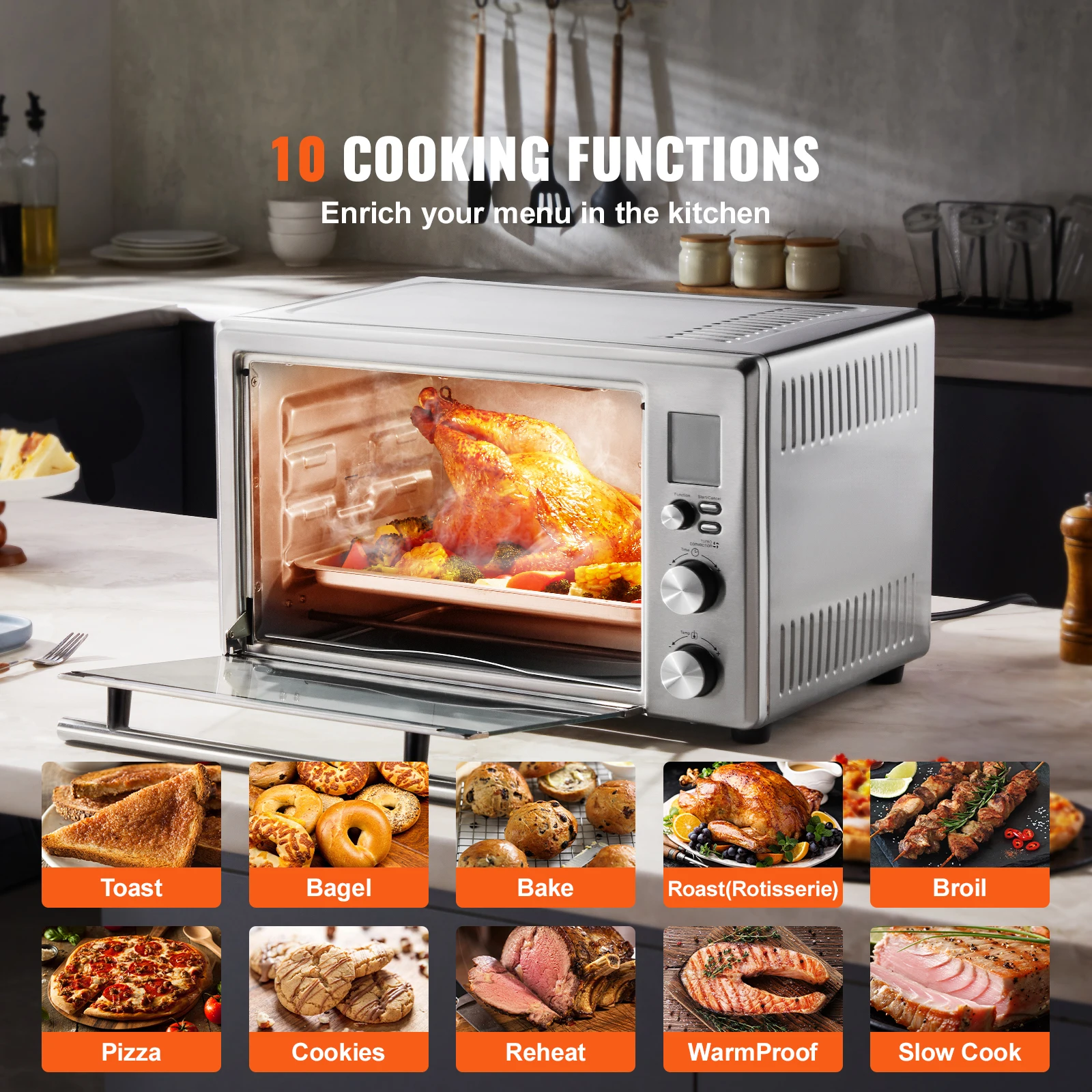 SucceBuy 10-IN-1 Convection Oven 28L Multifunctional Conventional Oven Countertop 4-Tier Toaster with Front Glass Door for Home