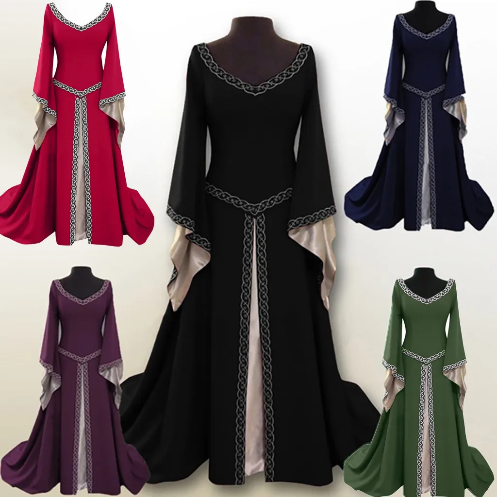 

Платье принцессы средневековой длины с расклешенными рукавами, женское платье большого размера из полиэстера для Хэллоуина, облегающее женское платье ретро дворец эпохи Возрождения