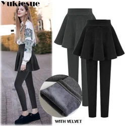 2022 Fleece Lady Warm Skinny Pants for women clothes 5XL 6XL Skirt + Long Trousers Women Black Winter Leggings fake 2pieces