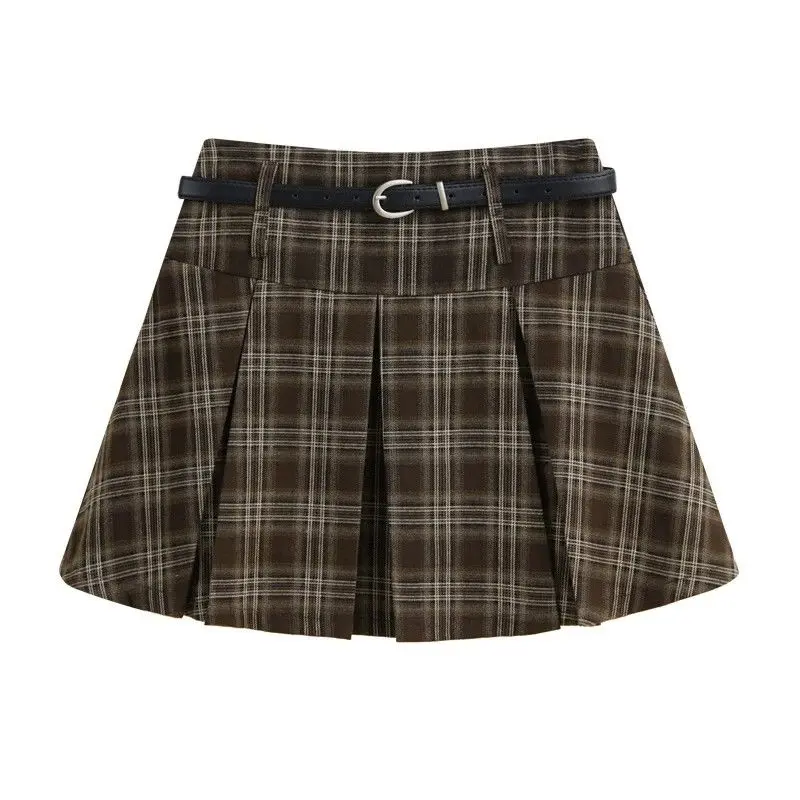 American Retro Plaid College Style High Waisted Slimming Versatile Half Skirt Temperament Casual Pleated Skirt for Women
