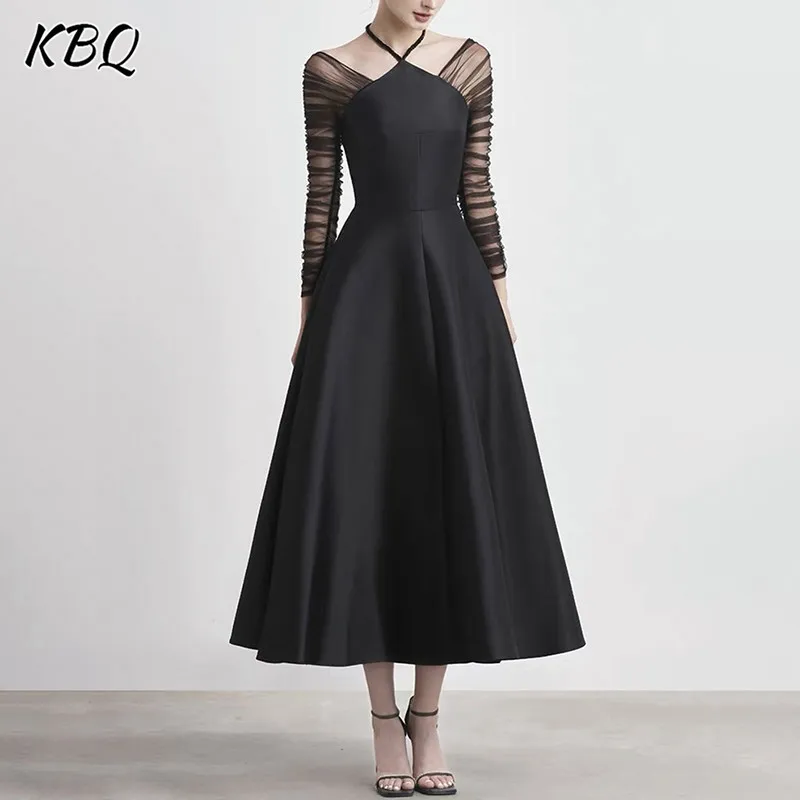 

KBQ Tenpermanet Dresses For Women Halter Long Sleeve High Waist Patchwork Sheer Mesh Solid A Line Formal Dress Female Clothing