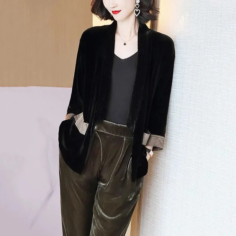 

Autumn Winter Black Velvet Jackets Color Contrast Women Solid Long Sleeve Cardigan Coats Korean Fashion Elegant Casaul Jackets