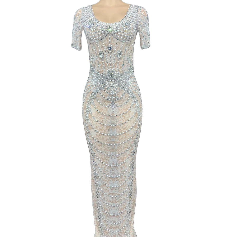 

Mesh Perspective Rhinestones Pearl Striped Decoration Split Fork Dress Floor-Length Short Sleeve Shiny Costume For Women