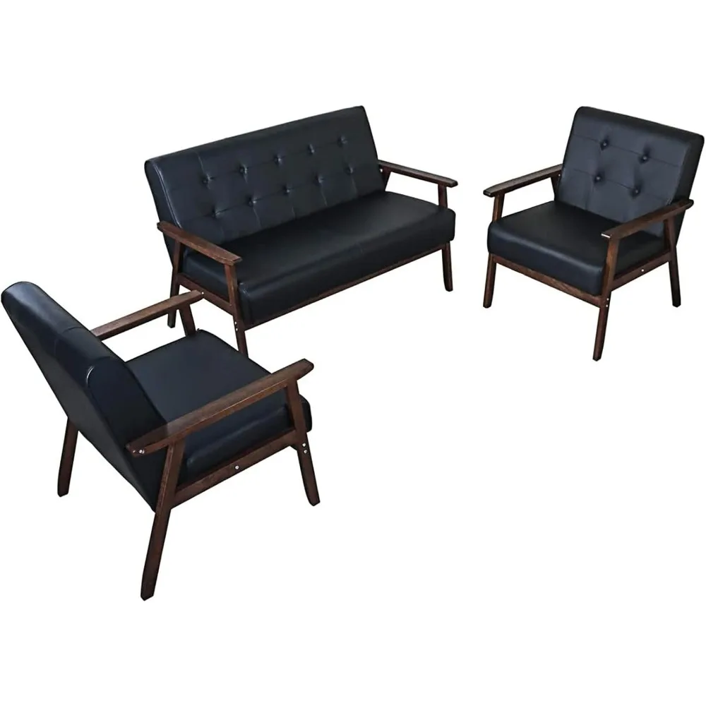 Leather Sofa Couch Set  Accent Chairs & 1Loveseat Black Faux Leather Loveseats Mid Century Modern Office Couch for Small Space 3