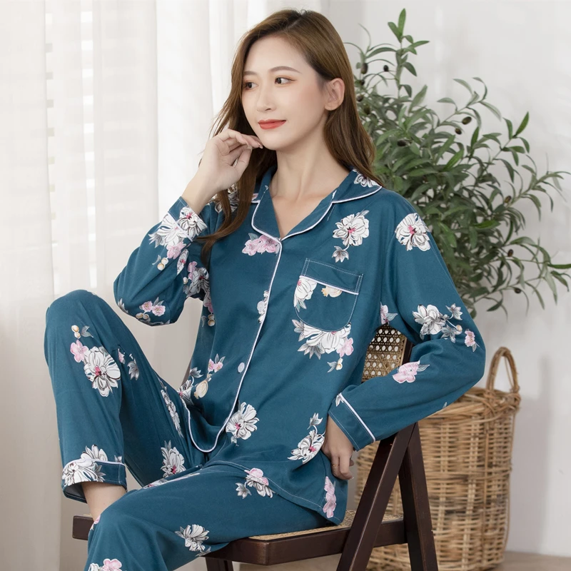 New 2021 Spring Summer Cotton 2 Piece Pajamas Set Women New Printed Colorful Sleepwear Long Sleeve Pajamas Female Sleep Homewear