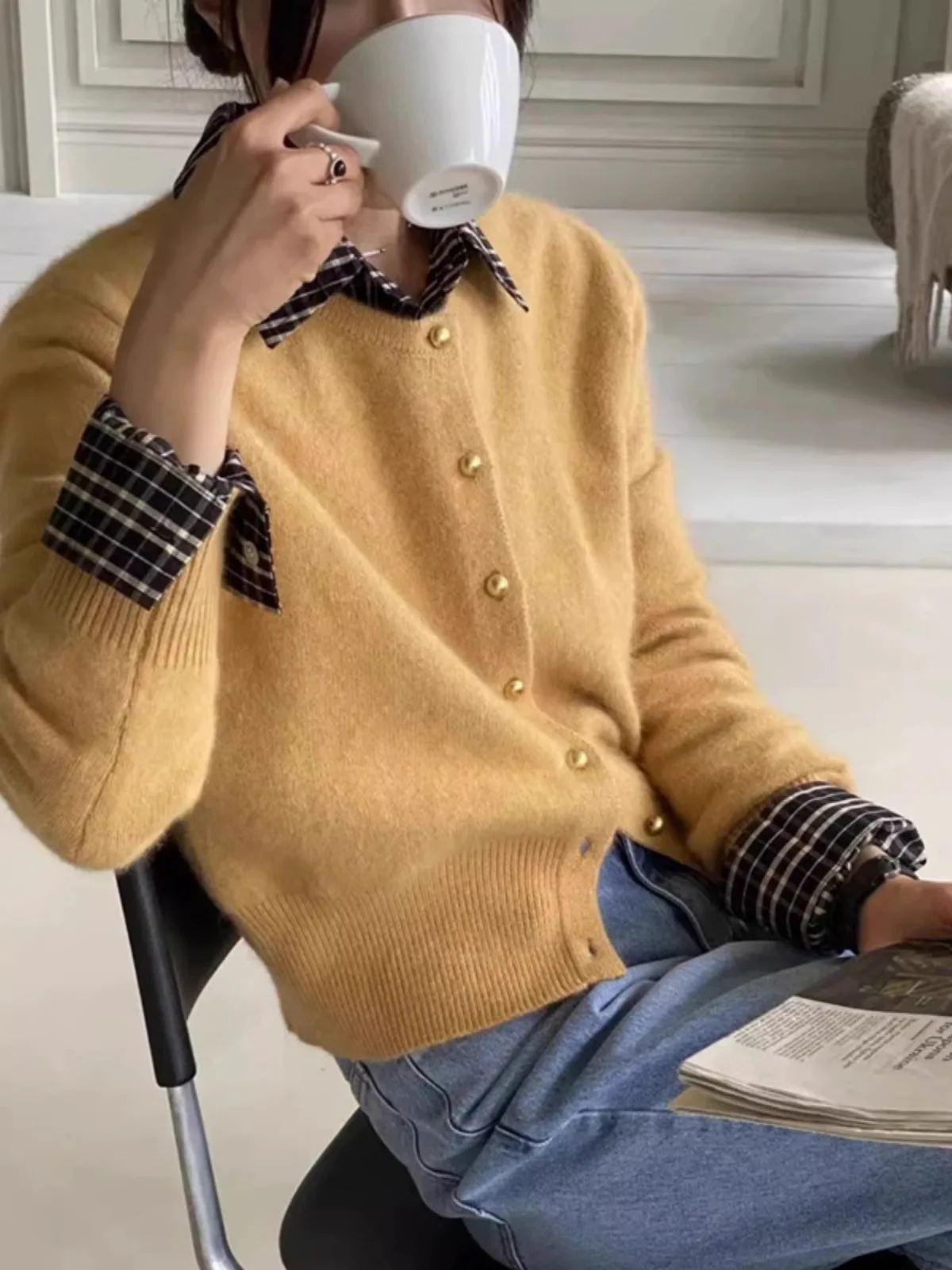 여성용 캐주얼 편안한 루즈핏 짧은 캐시미어 니트 가디건, 라운드넥 스웨터 코트, 울 탑, 용수철 및 가을