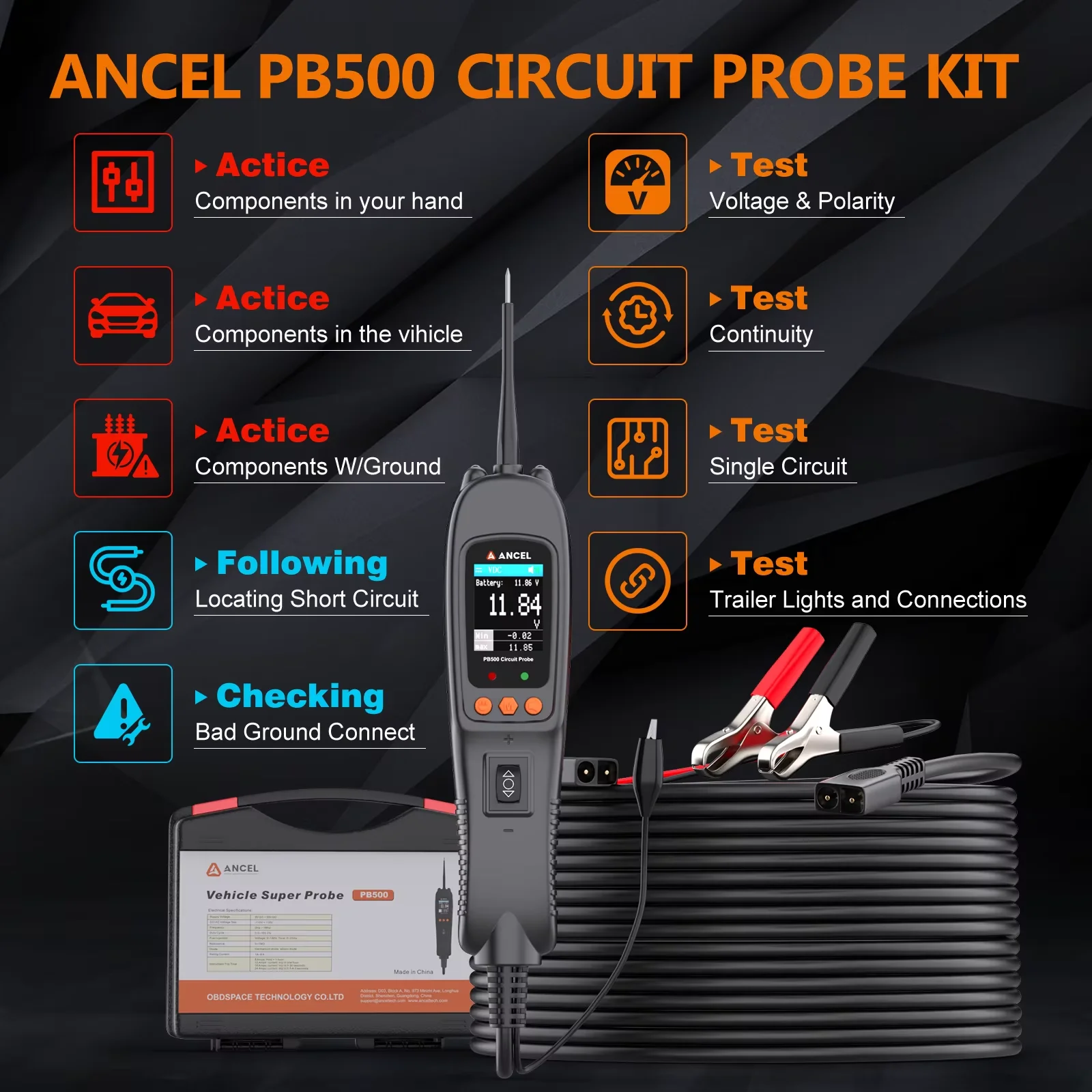 ANCEL PB500 Car Battery Tester Electrical Integrated Auto Battery System Diagnostic Tools12V/24V Power Probe Circuit Tester Kit