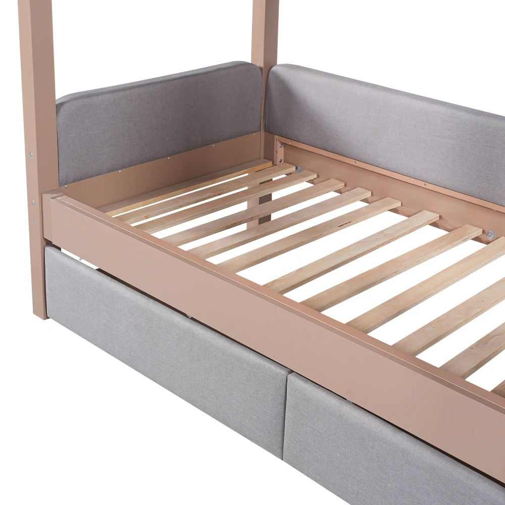 90x200cm Holz-Etagenbett für Kinder, Babybett mit weichem Anti-Kollisions-Schaumstoffrand, 4-stufige gerade Treppe, 2 Schubladen, stabile Lattenroste, sicher – Detail 24