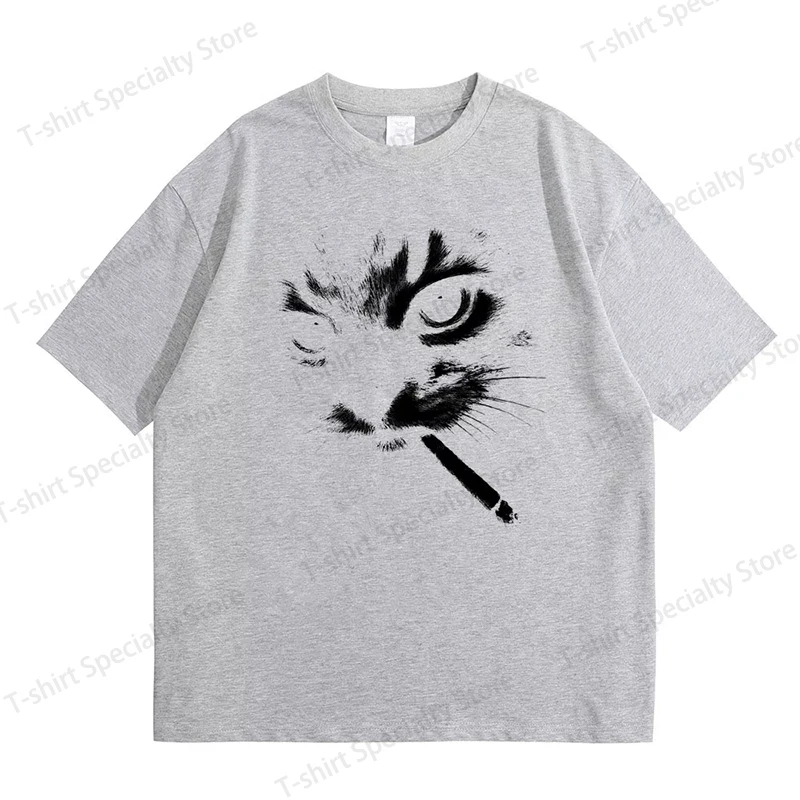 Lustige Meme-T-Shirts mit rauchendem Katzengesicht für Männer und Frauen, lässige Vintage-T-Shirts, übergroße T-Shirts für Männer, Geschenke für Katzenliebhaber – Detail 6