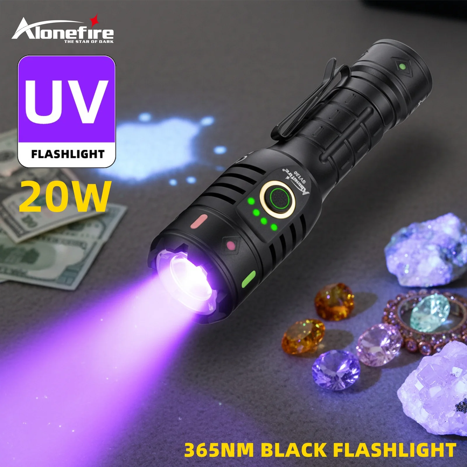알론파이어 20W 고출력 365nm UV LED 블랙라이트 손전등 USB 충전식 고양이 강아지 얼룩 애완동물 무좀 광석 돈 전갈 탐지 토치