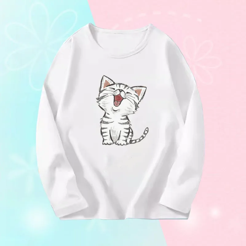 3~14 Years Girl Long Sleeve T-Shirts Cute Sweet Girl Tee Tops Cute Cat Graphic O-Neck Top Little Girl Casual T-Shirts 6