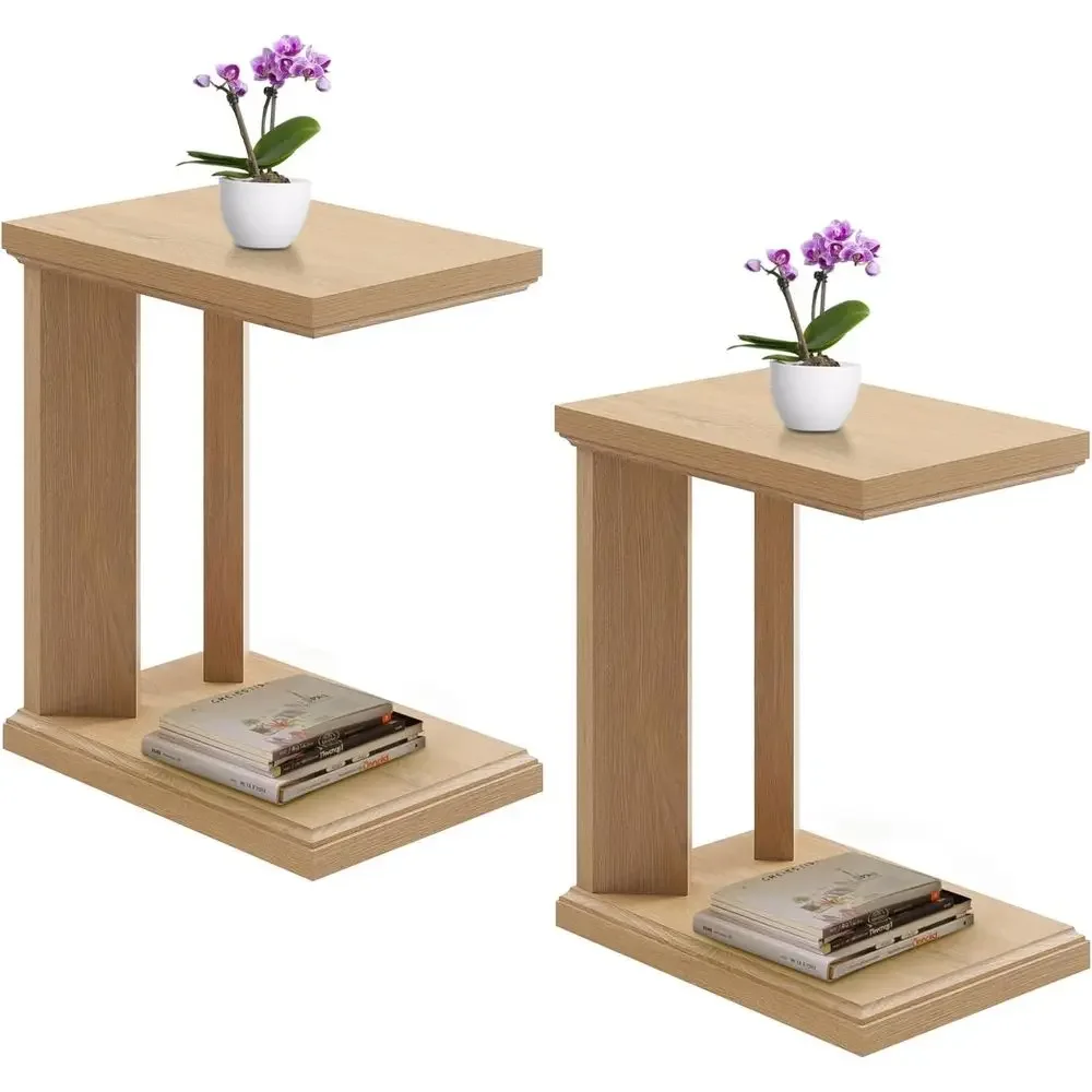 C-Shaped Wooden End Table Set of 2, 23.2 Tall, 2-Tier Storage, Suitable for Living Room or Bedroom, Natural Oak Finish