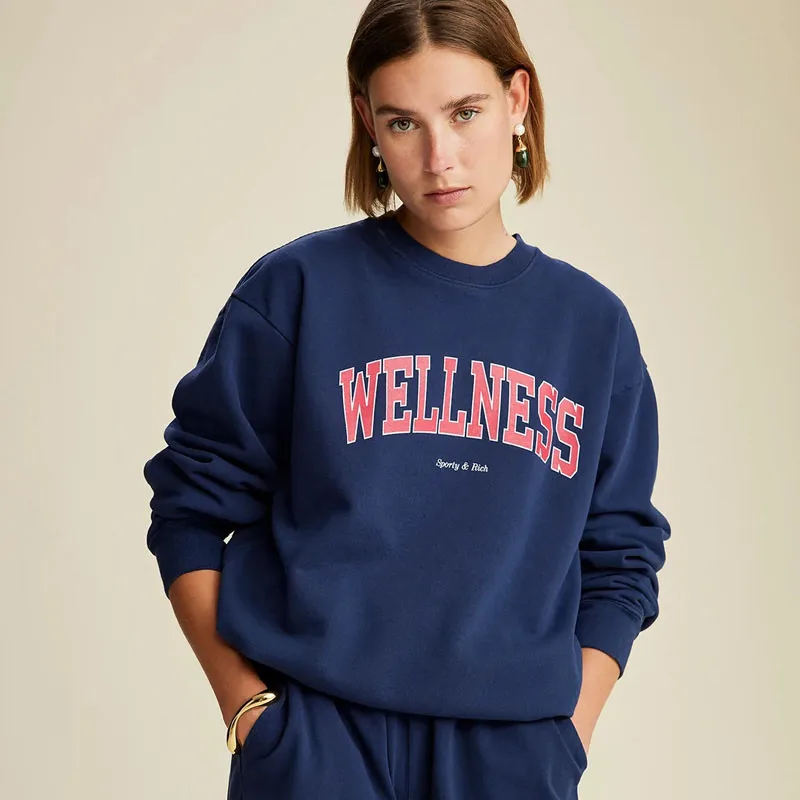 

2023 Spring KPOP Women Navy Sweatshirts Loose Cotton Crewneck Cotton Thin Pullover Long Sleeve Vintage Style Printing Jumpers