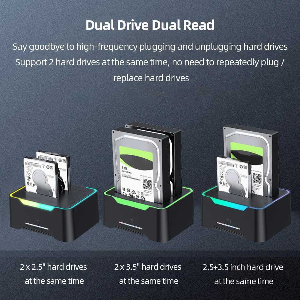 Dual-bay HDD Docking Station USB3.0 Mobile Hard Drive Copy Box Base External Hard Drive Docking for 2.5/3.5 Inch SATA Disk