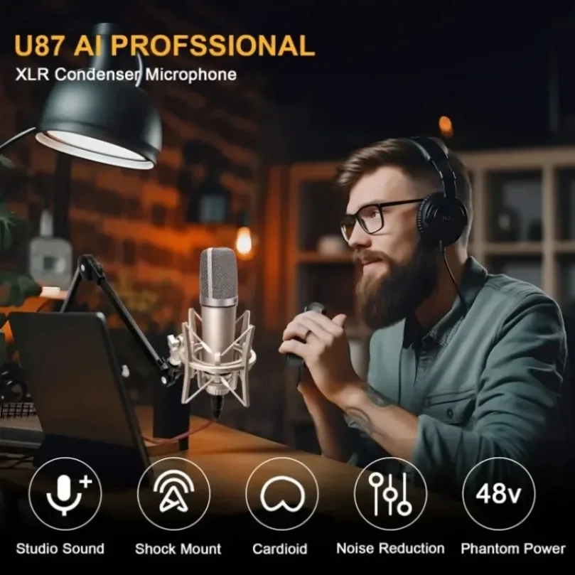 콘덴서 U87 AI XLR 마이크 전문가용 카디오이드 스튜디오 마이크 (녹음, 팟캐스팅, 보이스오버, 스트리밍, 홈 스튜디오용)