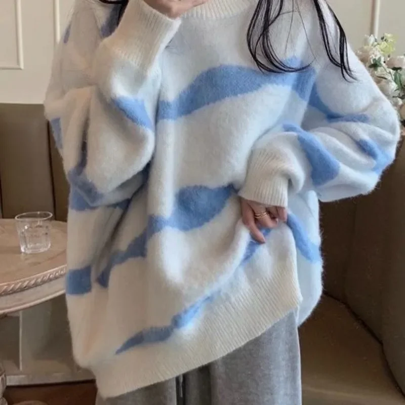 

Women Blue White Sweater Patchwork Knit Sweater Long Sleeve one size Pullovers Autumn Outwear Sweater sweet Tops korean Knitwear