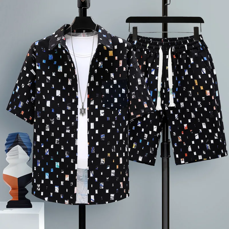 2024 Summer 2 Pieces Set Tracksuit Men's Fake Two Shirt Shorts Streetwear Oversized Men Sets Short Outfits Suits High Quality