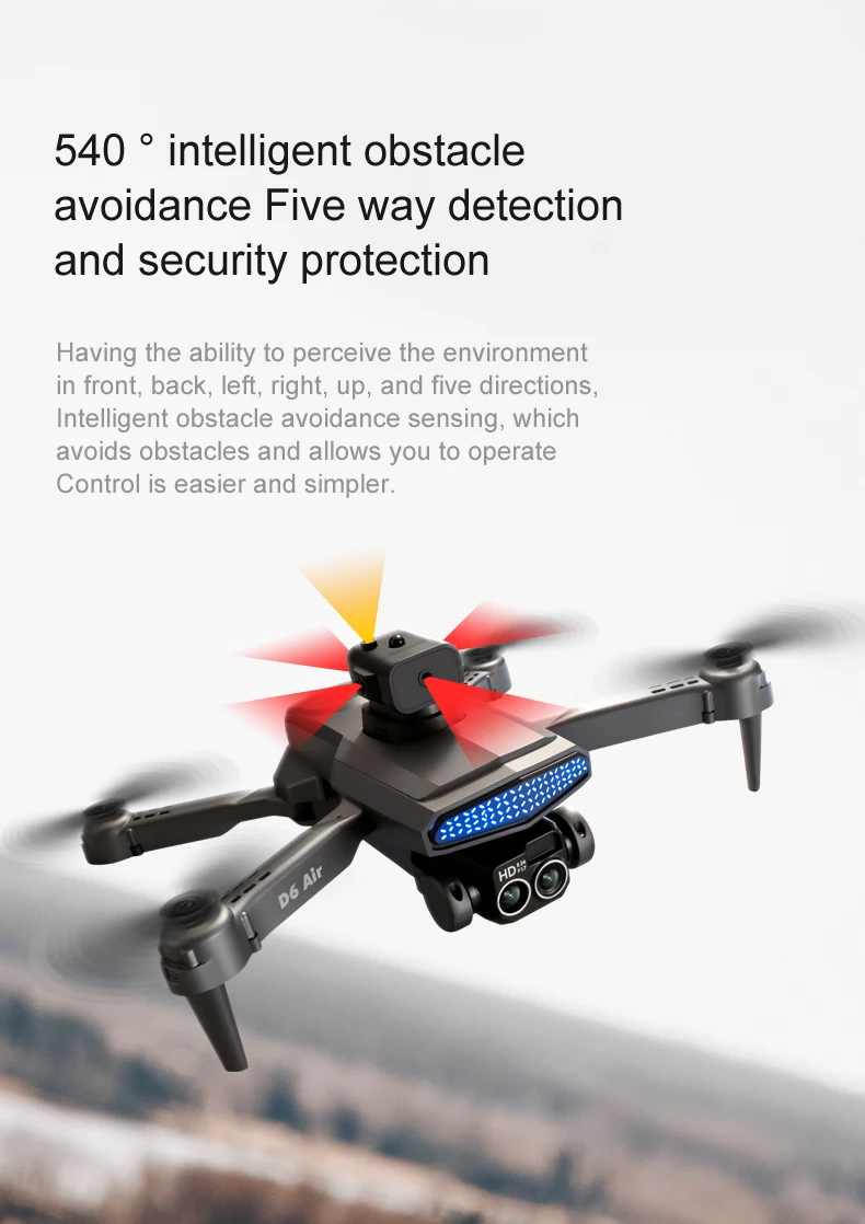 d6 drone, intelligent obstacle avoidance sensing is a five way detection and security