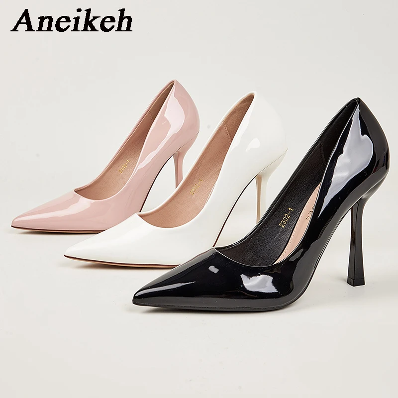 Aneikeh-Talons hauts pointus en cuir verni sexy pour femmes, chaussures simples à talons fins, chaussures de bureau et de carrière, mules Zapatos, irritation, 2024