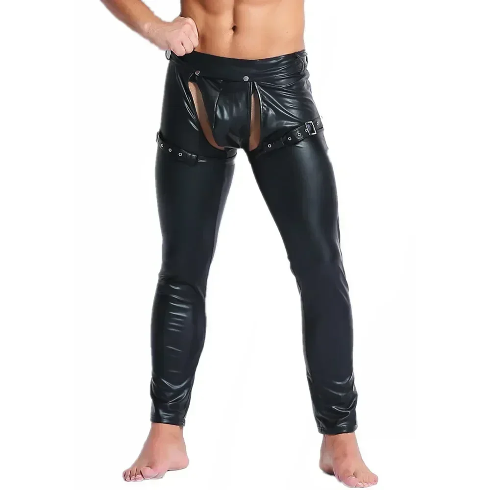 

Plus Size Mens Sexy Open Crotch Wet Look Leather Pants Stretchy PU Tight Erotic Temptation Trousers Below Exposed Sexy Clubwear