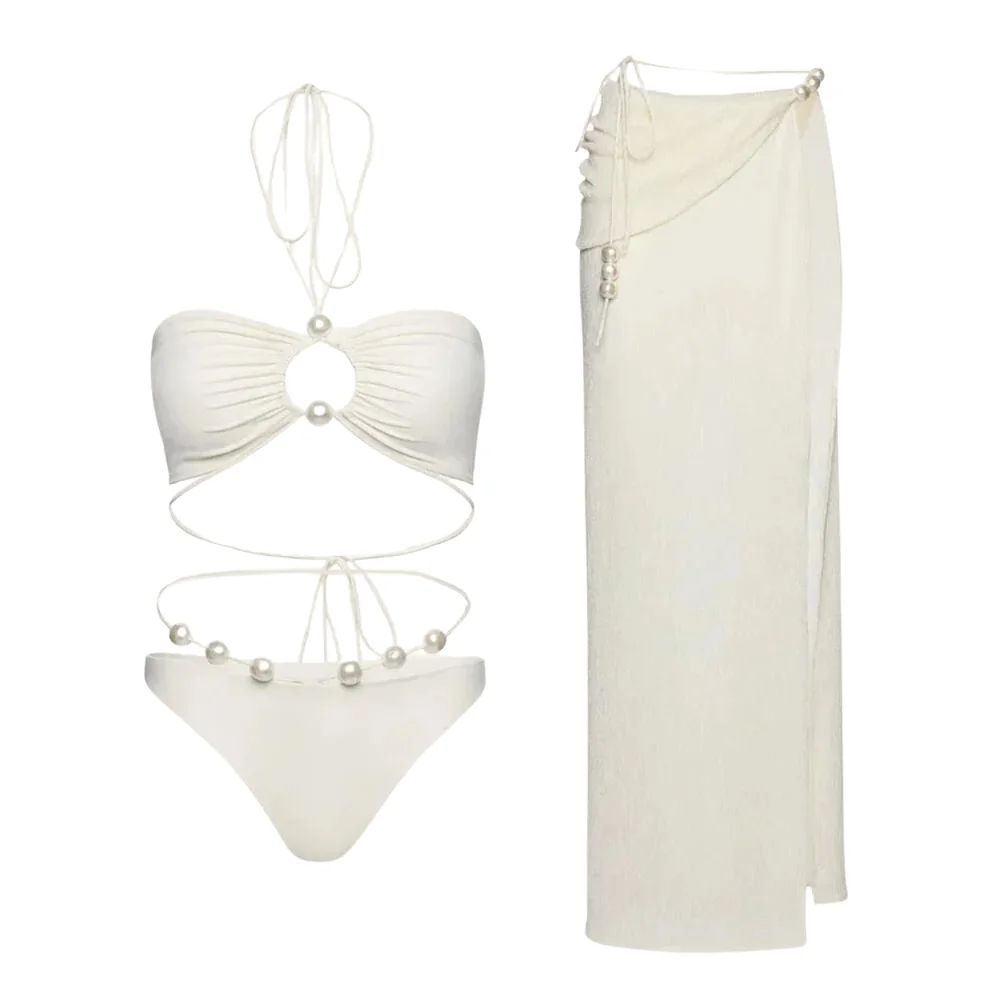 Woman bikinis sets sexy  two-piece 2024  Swimwear Halterneck Pearl Bikini set  Women luxury Beachwear Bathing Suit Swimsuit