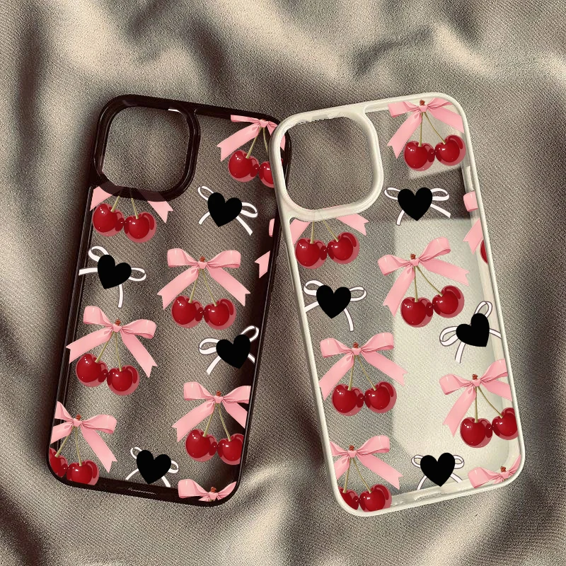 Charming Pink Bow Crystal Cherry Clear Phone Case with Love Heart Design