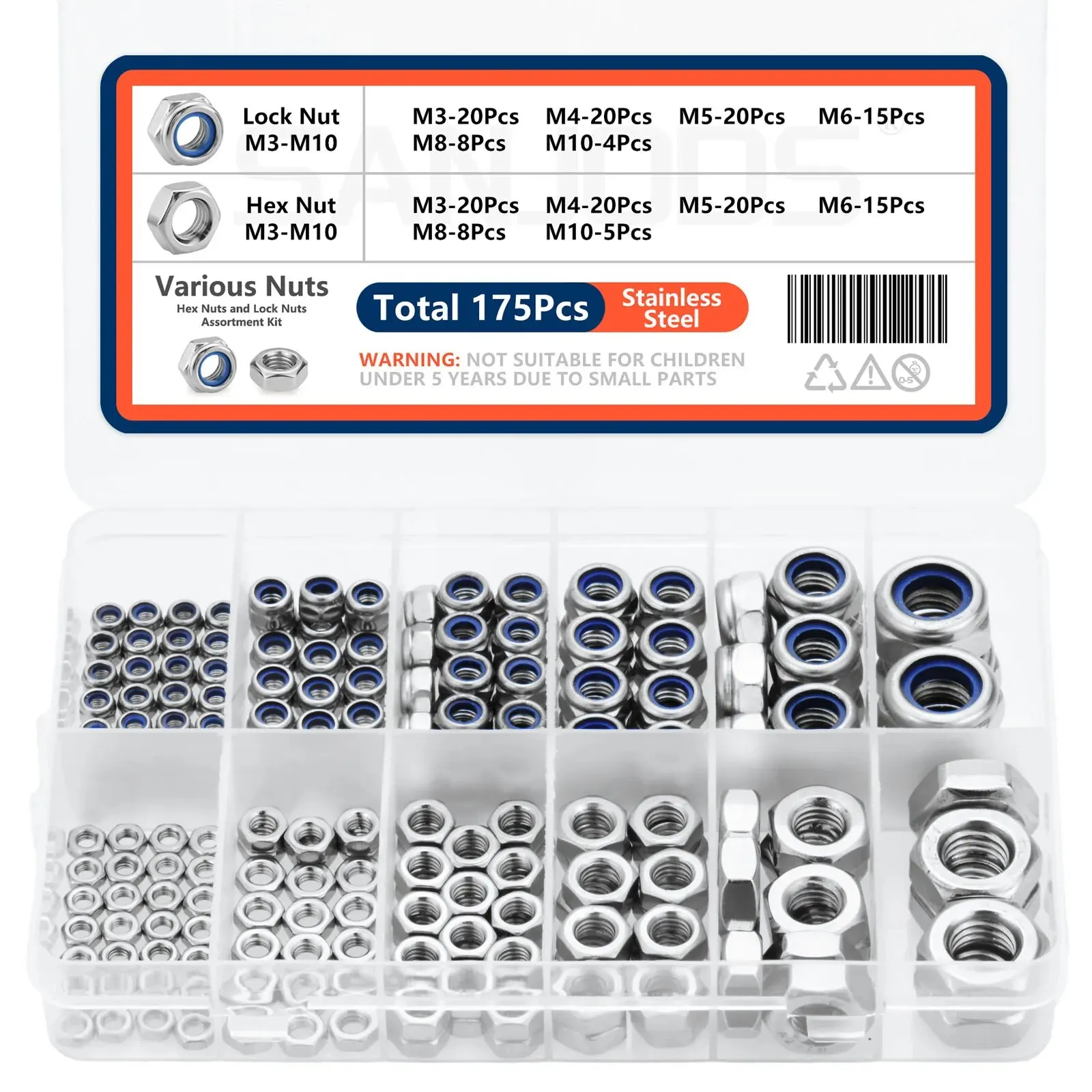 175pcs Nylon Insert Lock & Hex Nut Assortment Kit M3 M4 M5 M6 M8 M10 Stainless Steel, nylon lock nut