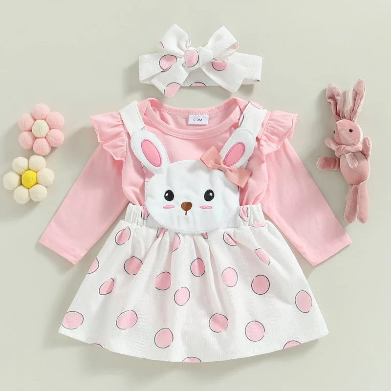 

Newborn Baby Girl Skirt Sets Autumn Clothes Ruffle Long Sleeves Bodysuit and Cartoon Bunny Suspender Skirt Headband Outfit