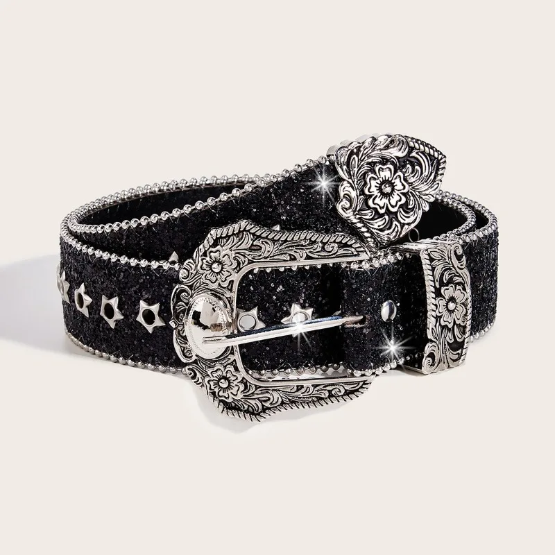 Black Subculture Women's Belt | American Retro Ins Style Star Sparkly Decor, Fashionable Accessory for Dresses &  Pants