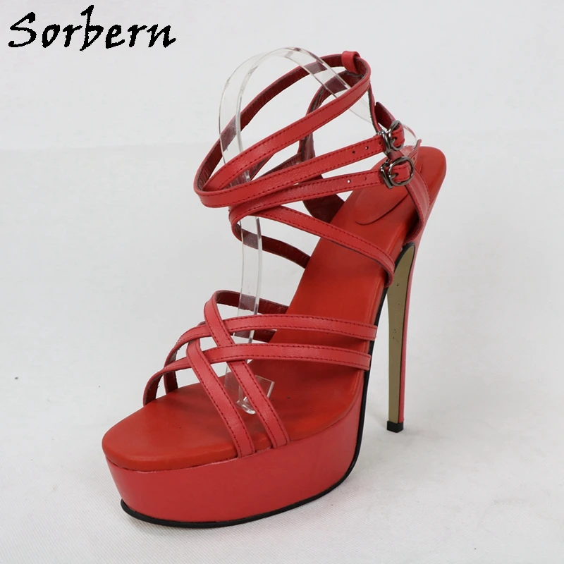 

Sorbern 18Cm High Heel Sandals Women 4Cm Platform Size 39 Crossed Strap Shoe Stilettos Guys Crossdresser Real Leather Red Matt