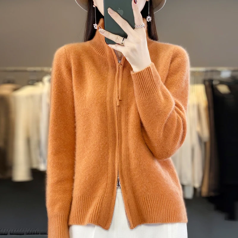 100% Merino wool sweater Autumn winter new women's lapel double zipper shirt fashion solid color knitted warm base shirt top 2
