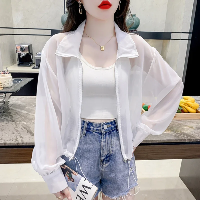 

Fashion Zipper Thin Short Coat Causal Loose Solid Color Women Tops Summer New Breathable Sunscreen Cardigan Shirt Clothes 27414