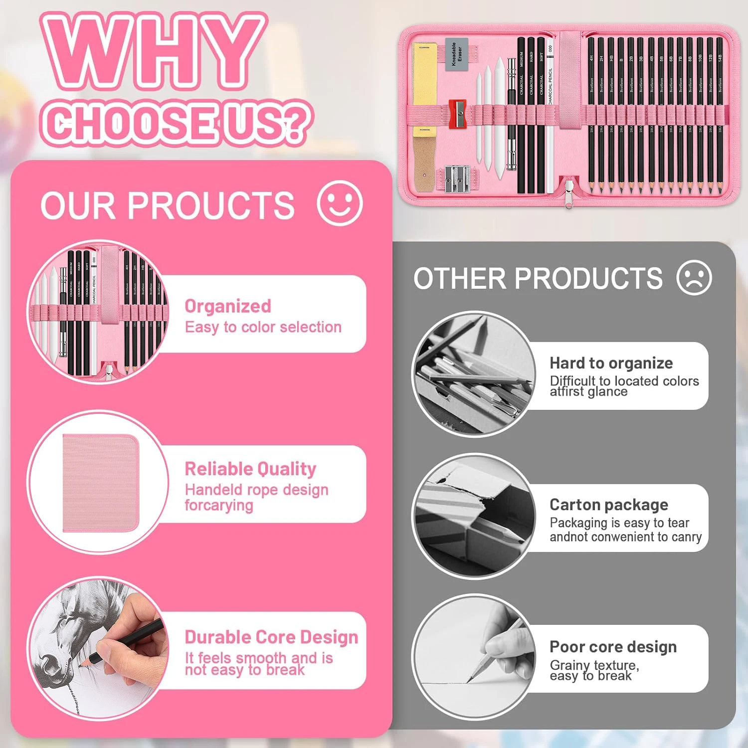 스케치 및 드로잉 연필 26개, 미술용품 드로잉 연필 키트, 흑연 숯 전문가용 연필 세트, 성인 예술가용