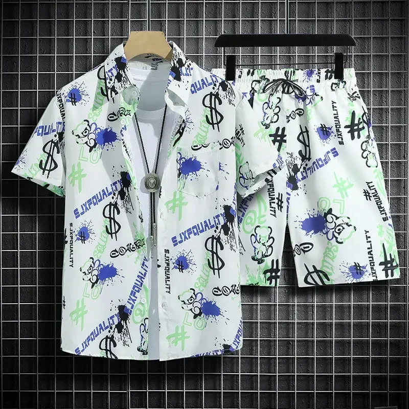 thumbnail image 1 of Conjuntos para hombre, camisetas de playa con estampado gráfico, ropa barata, camisetas, pantalones cortos, trajes para hombre, estilo coreano, novedad esencial a juego, 1 of 4