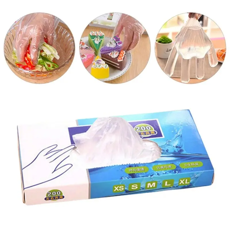 일회용 HDPE 투명 장갑, 탈착식 내유성 핸드 보호대, 베이킹 가사 보호, 100 개, 200 개