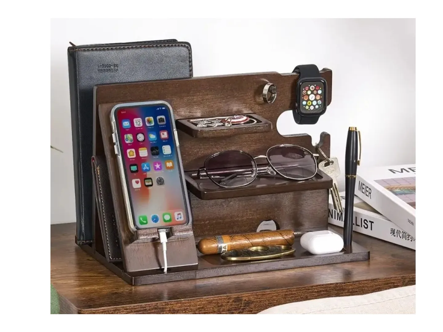 Wooden Walnut-colored Storage Shelf Bedside Stand for Watches Rings Glasses Headphones Miscellaneous Items in the Bedroom